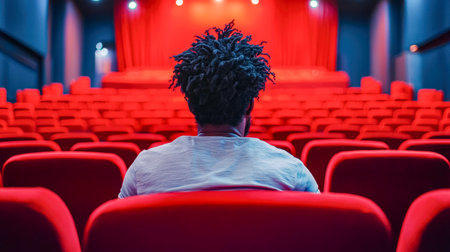 A solitary figure rests in plush red seats within an empty moviehouse, gazing toward a stage draped in crimson curtains, evoking quiet anticipation.のeditorial素材