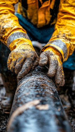 A laborer wearing vibrant yellow gloves secures piping amid wet, uneven terrain, capturing efforts to build infrastructure in challenging environmentsの写真素材