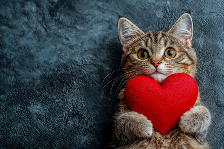 A charming kitten gently clasps a vibrant red heart pillow, set against a richly textured blue backdrop, evoking warmth and tenderness.の写真素材