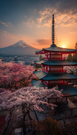 A historic pagoda surrounded by blooming sakura trees, with Mount Fuji's majestic peak illuminated by the warm glow of a setting sun, embodying sereniの写真素材