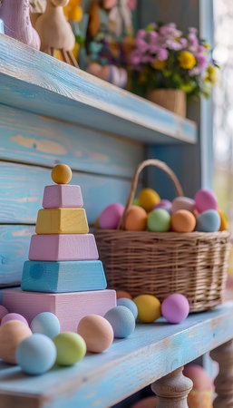 Bright wooden blocks and soft-hued eggs arranged in a woven basket, set against a weathered blue...
