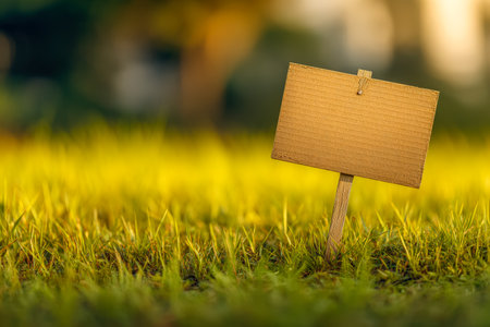An unmarked cardboard notice board affixed to a rustic wooden pole, set against a lush green meadow bathed in warm sunset hues.の写真素材