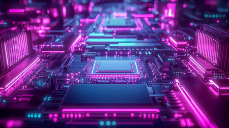 A high-tech, glowing circuit layout featuring luminous pink and blue neon accents, evoking a sleek, sci-fi digital environment suitable for innovationの写真素材