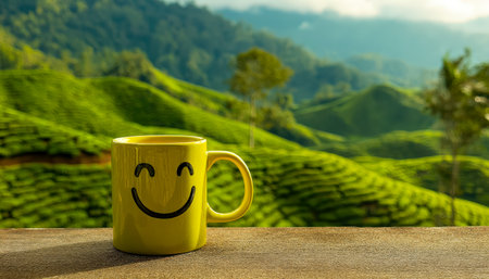 A cheerful yellow mug with a joyful face rests on a rustic wooden table, overlooking vibrant tea bushes in a lush, scenic plantation atmosphere.の写真素材