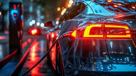 A sleek electric car connected to a glowing charging station under urban streetlights, capturing a vibrant night scene of modern sustainability.の写真素材
