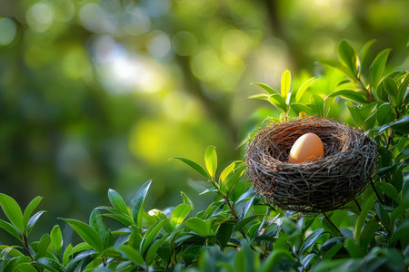 A delicate bird's nest cradles a solitary egg among vibrant, leafy greenery, evoking serenity and...