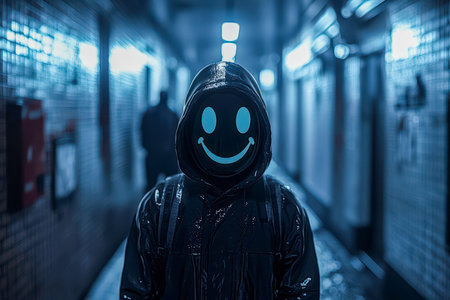 A cheerful individual in a shiny, reflective jacket and a playful smiley face mask navigates a dimly...