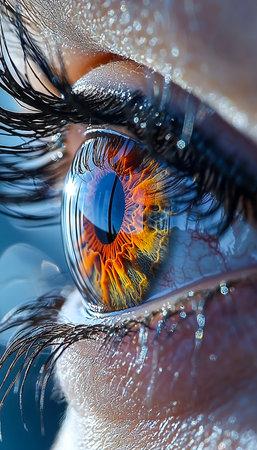 A detailed view of an eye featuring an intense, flame-inspired iris with shimmering highlights, evoking passion, mystery, and vibrant emotion.の写真素材
