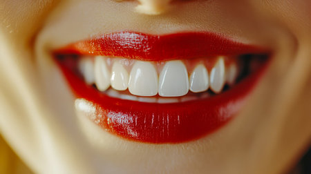 A cheerful woman showcases her radiant smile and vivid red lipstick, emphasizing confidence and vibrant style with a blurred background.の写真素材