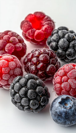 Juicy, chilled blackberries, raspberries, and blueberries arranged on a pristine white background,...