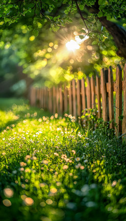 Warm sunlight filters through dense foliage, illuminating a rustic wooden fence amid vibrant leaves and flourishing plants.の写真素材