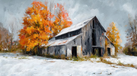 A weathered red barn nestled among vibrant fall foliage, with snow-dusted branches hinting at approaching winter's chill in a peaceful rural scene.の写真素材
