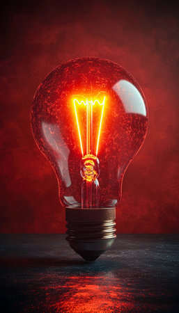 A luminous vintage filament bulb radiates warmth against a shadowed surface, set against a vivid crimson backdrop that evokes fiery energy and innovationの写真素材