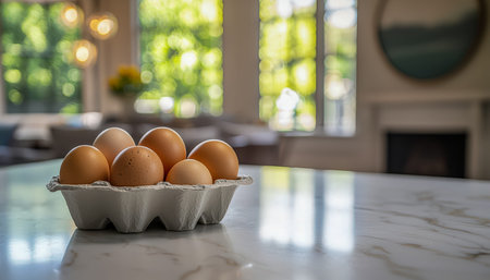 Bright natural sunlight highlights a neatly arranged carton of farm-fresh eggs resting on a polished...