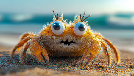 A charming cartoon crab with wide eyes and an astonished look, nestled in soft sand, perfect for playful beach-themed designs and children's content.の写真素材