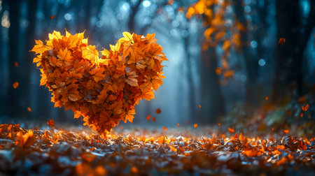 Vivid orange leaves artfully clustered into a heart shape amidst a sun-dappled forest, evoking...