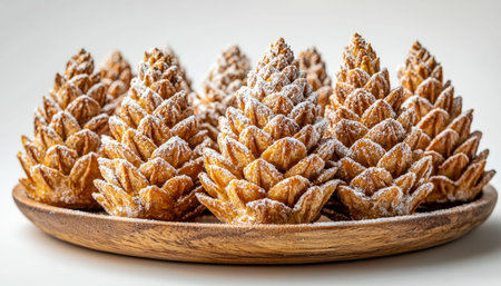 Crispy pinecone-shaped waffles topped with a light dusting of powdered sugar, served on a rustic...