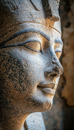 A detailed view of a weathered stone carving depicting a joyful female face, showing intricate...