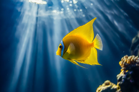Bright yellow fish glides amidst clear blue water, illuminated by sunbeams creating a serene, lively underwater scene full of vibrant colors.の写真素材