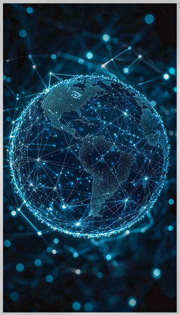 A luminous digital sphere showcasing a web of glowing data nodes and lines, symbolizing worldwide...