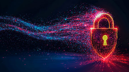 A futuristic digital scene featuring a luminous lock icon amid swirling colorful particles,...