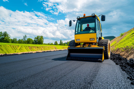 Yellow road roller compacting fresh asphalt on new road for enhanced durability and longevity