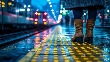 A solitary figure pauses amidst wet tracks, dressed in a warm coat and sturdy boots, conveying chilly, reflective moments at a bustling transit hub.の写真素材