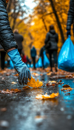 Groups of individuals gathering vibrant leaf piles, raking and tidying a scenic park under golden trees, embodying seasonal freshness and community efの写真素材