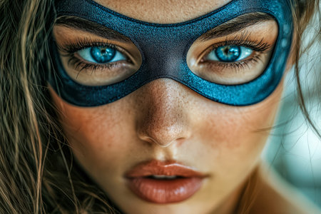 An expressive woman with vibrant blue eyes peeks over her mask, embodying confidence and mystery, perfect for themes of empowerment and heroism.の写真素材