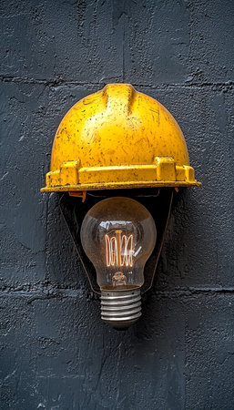 Bright yellow helmet featuring a built-in light bulb, mounted on a sleek black wall, symbolizing innovative ideas in construction and engineering.の写真素材