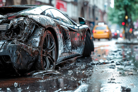 A sleek black sports vehicle with front-end damage lying on a rain-soaked urban roadway, evoking...