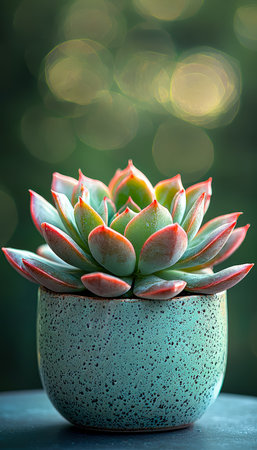 A vibrant, textured succulent with variegated green and crimson leaves, set in a pot, captured with a softly blurred backdrop for a calming, natural vの写真素材