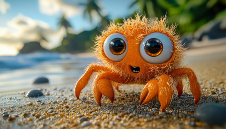 A cute, furry crab with prominent eyes rests on a sunlit sandy shore, surrounded by colorful seashells and lush green foliage, evoking a playful seasiの写真素材