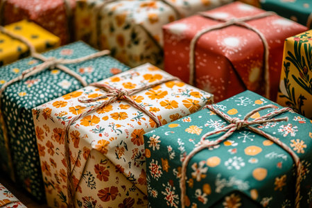 Vibrant presents adorned with vivid floral wrapping and elegant ribbons, capturing joyful...