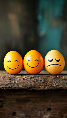 Three hand-drawn eggs display cheerful and sorrowful expressions on a rustic wooden table, evoking...