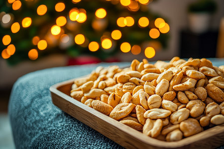 A close-up of a ceramic bowl filled with assorted roasted nuts, set on a wooden surface with...