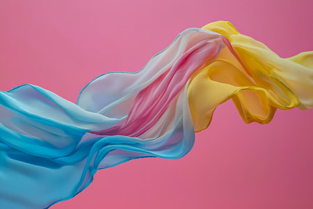 Soft, vibrant fabric waves in gentle pastel hues cascade across a blush pink backdrop, evoking elegance, serenity, and creative inspiration.の写真素材