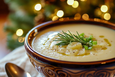 A cozy holiday scene with a rich potato puree crowned with fresh herbs, illuminated by twinkling festive lights, perfect for warm winter tables.の写真素材