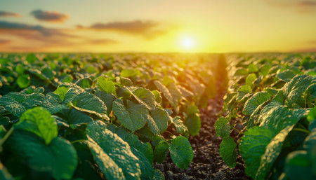 Vibrant crops stretch across golden-lit fields as the sun dips, illustrating thriving agriculture...