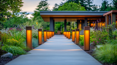 Illuminated stone path winds through vibrant greenery, guiding the eye toward a sleek, contemporary pavilion amid a serene garden setting.の写真素材