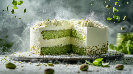 A vibrant green cake slice topped with creamy white frosting and crunchy nuts, surrounded by falling...