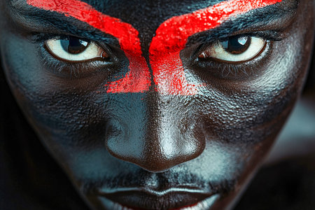 A striking portrait highlighting piercing eyes and bold black and red facial patterns, evoking...