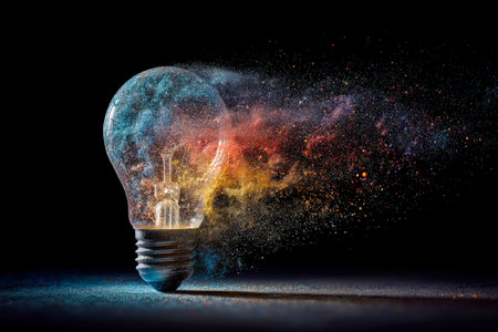 A glowing filament encased in a transparent bulb amid vibrant color bursts, creating a dynamic, energetic scene against a dark backdrop.の写真素材