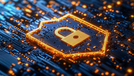 A sleek digital padlock interface overlays a high-tech circuit board illuminated by vibrant glowing...