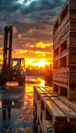 Warm sunset glow illuminates towering wooden pallets arranged in neat stacks, with a forklift parked nearby in an open storage lot.の写真素材