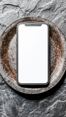 A sleek smartphone with an empty display rests atop a rough textured stone slab, set against a deep...