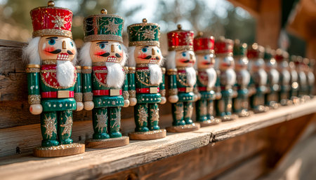 Charming handcrafted wooden soldiers line a vintage shelf, radiating festive cheer with their intricate details and warm rustic charm.の写真素材
