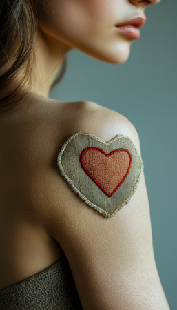 Artistic close-up of a woman's shoulder featuring a textured fabric heart sewn directly onto her skin, conveying tenderness and personal expression.の写真素材