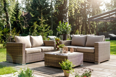 Luxurious rattan patio furniture set on wooden deck in sunlit garden outdoor living conceptの写真素材