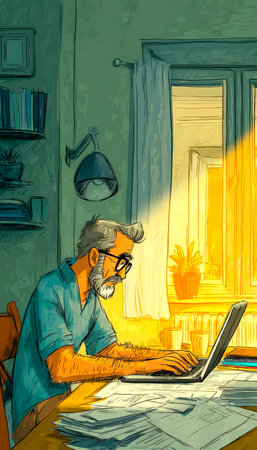 An experienced senior engages with his portable computer amid a cozy space filled with personal items, bathed in warm sunlight from an open window.の写真素材